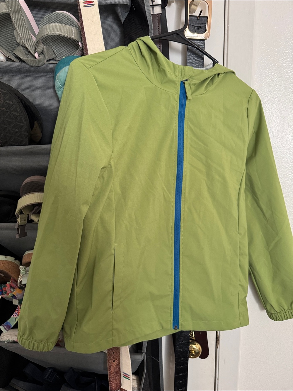 Free Country Pistachio Green Hooded Rain Jacket with Blue Zipper